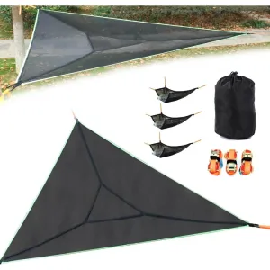 13ft Triangle Camping Hammock Max 550 lbs for2-6 Adult Kid,Multi Person Tree Hammock with 3 Ratchet Tie Down Straps & Net Pocket