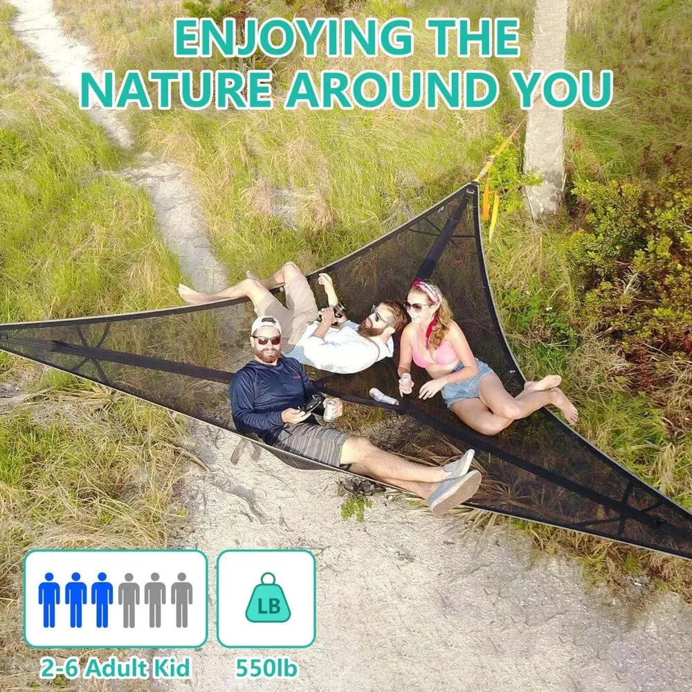 13ft Triangle Camping Hammock Max 550 lbs for2-6 Adult Kid,Multi Person Tree Hammock with 3 Ratchet Tie Down Straps & Net Pocket