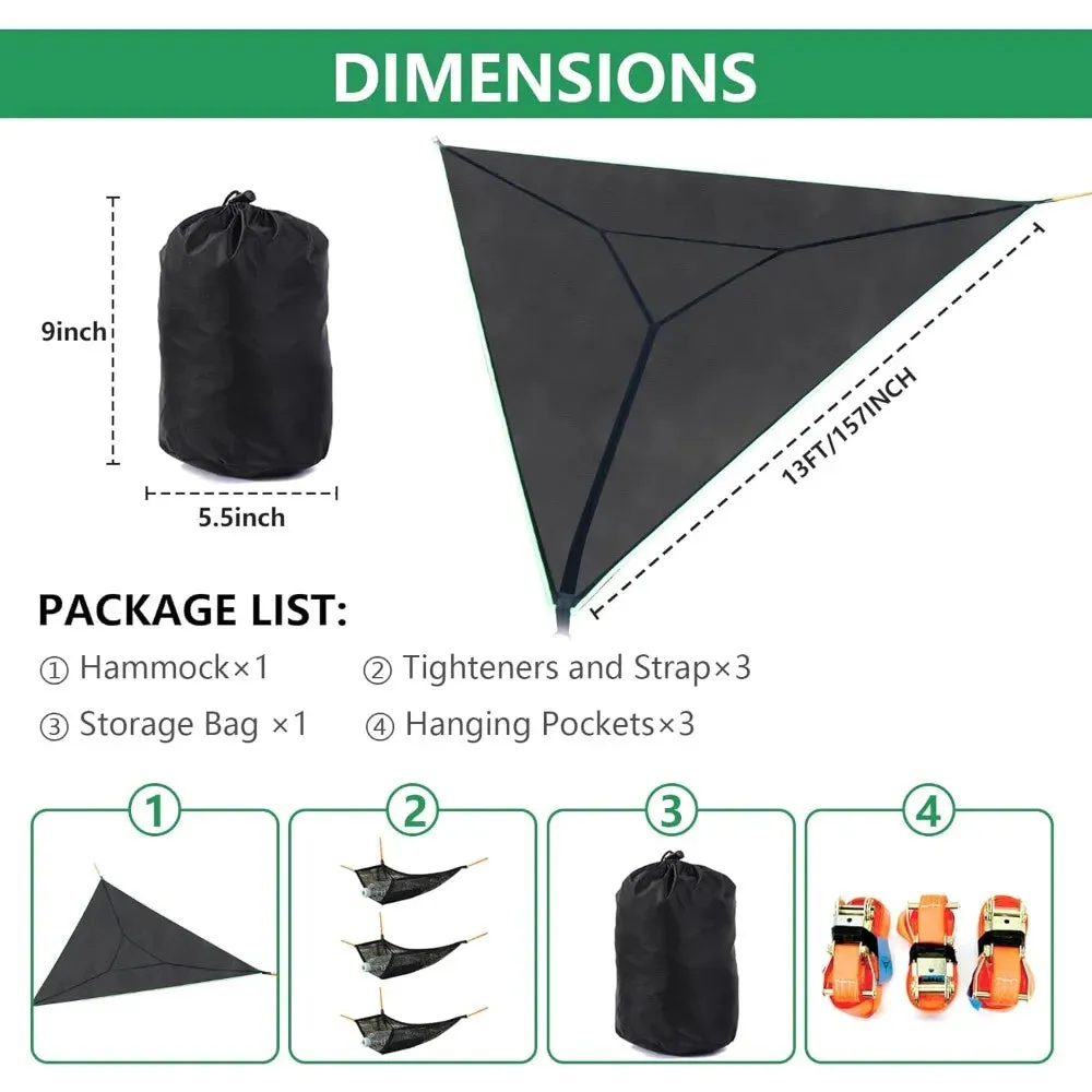 13ft Triangle Camping Hammock Max 550 lbs for2-6 Adult Kid,Multi Person Tree Hammock with 3 Ratchet Tie Down Straps & Net Pocket