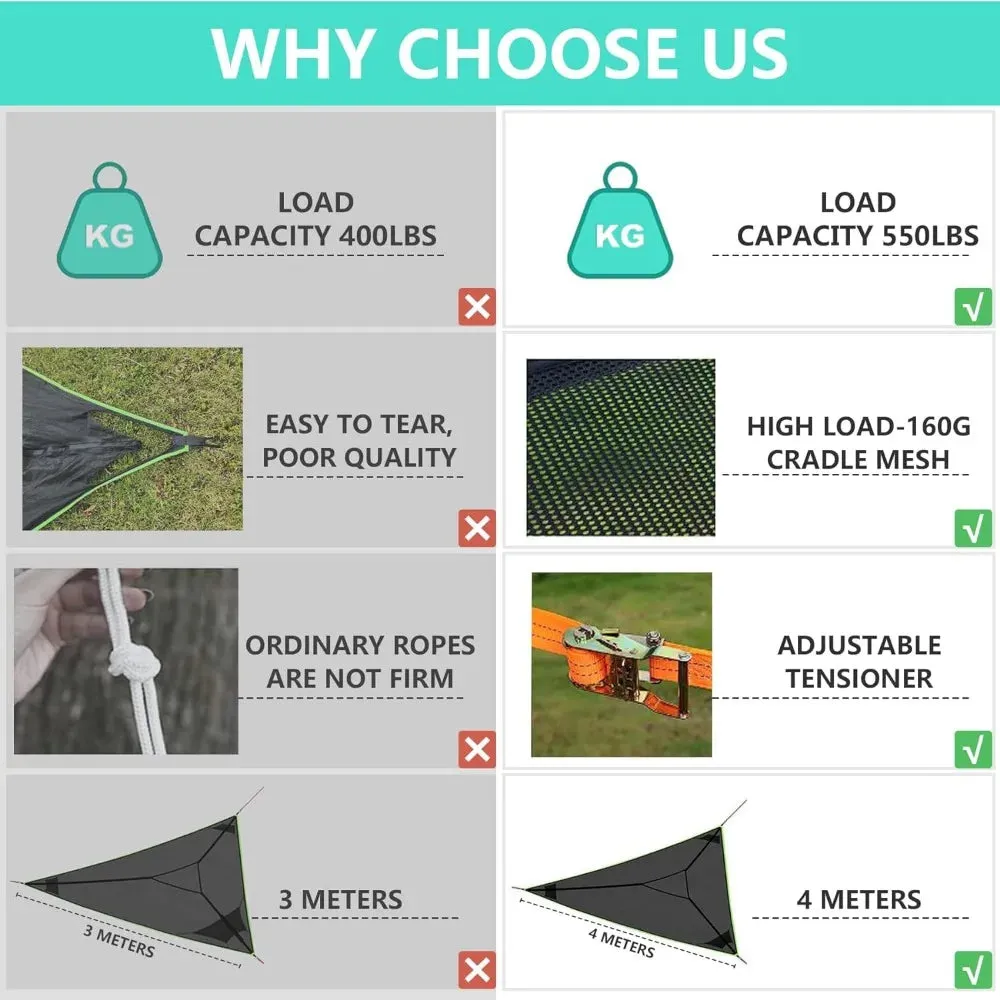 13ft Triangle Camping Hammock Max 550 lbs for2-6 Adult Kid,Multi Person Tree Hammock with 3 Ratchet Tie Down Straps & Net Pocket