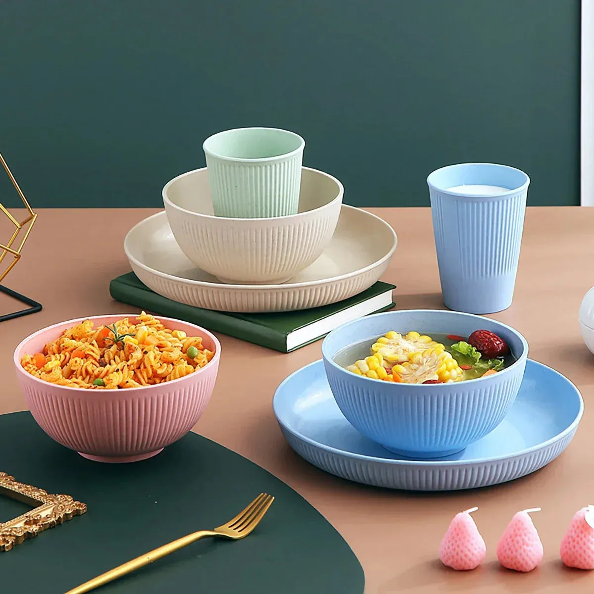 24 Piece Wheat Straw Ramen Bowl Set For Camping