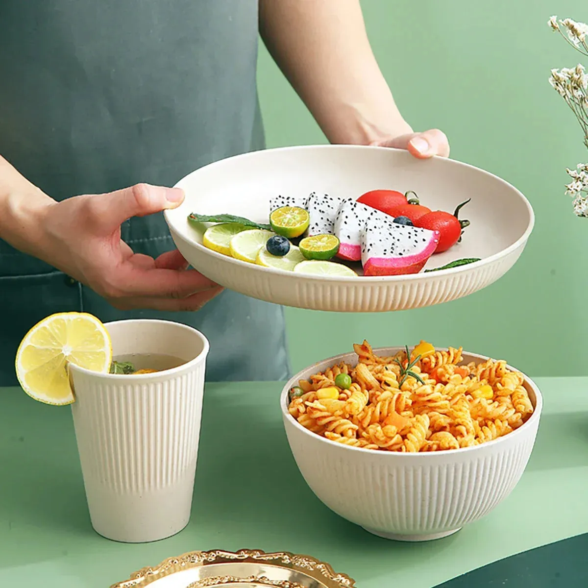 24 Piece Wheat Straw Ramen Bowl Set For Camping