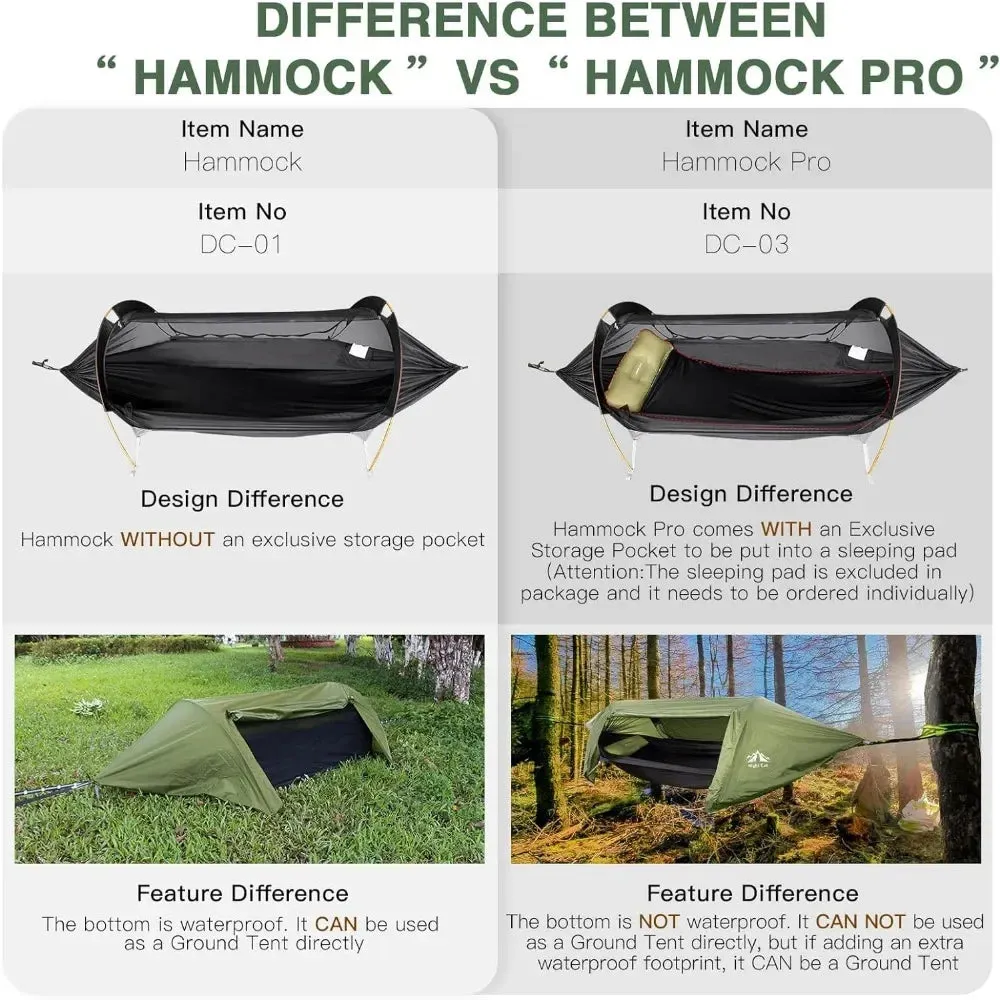 Camping Hammock Tent with Mosquito Net and Rain Fly 1 Person Backpacking Bivvy Ground Tent with Tree Strap Swing Heavy