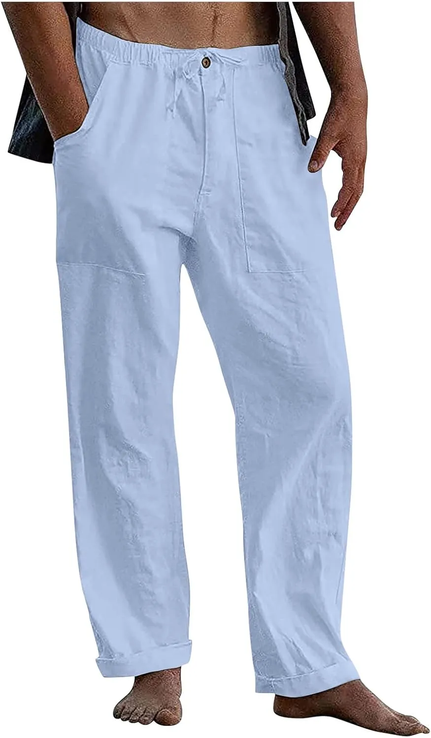 DuDubaby Denim Pants Men's Casual Loose and Comfortable Casual Pants Cotton Linen Printed Drawstring Trousers Long Yoga Pants
