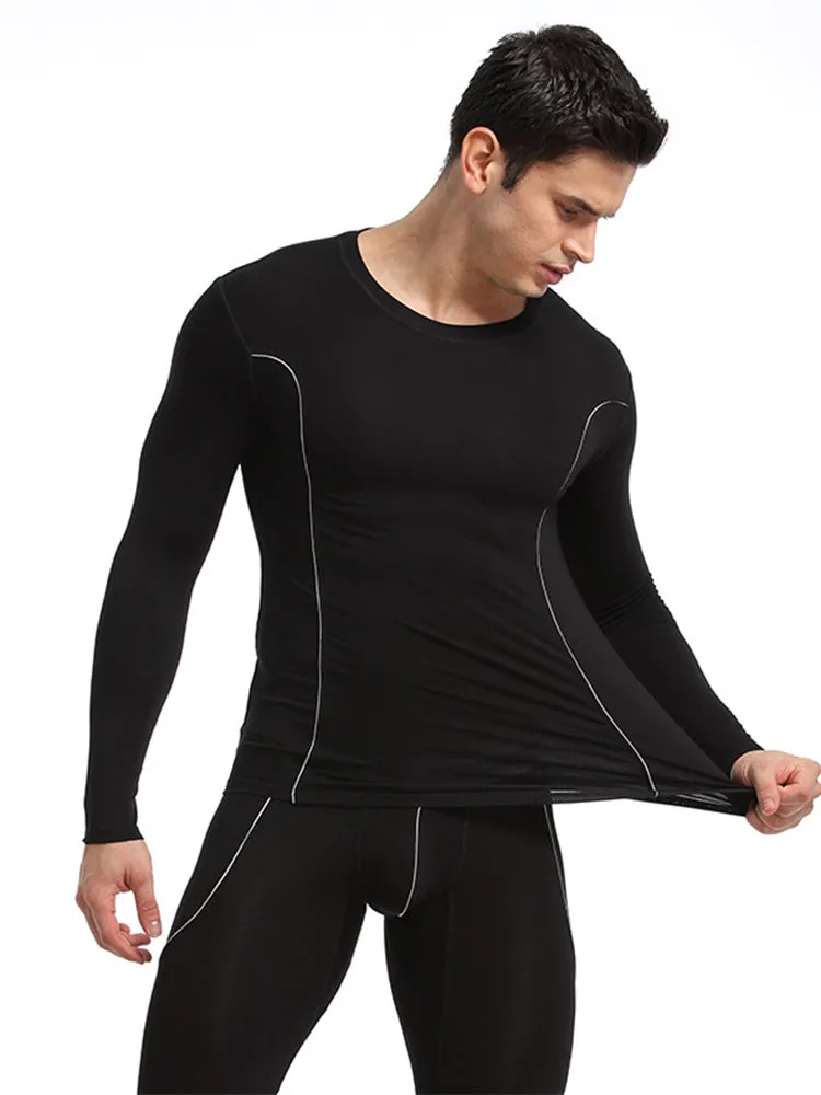 Men's Round Neck Solid Color Bamboo Fiber Thermal Underwear Set