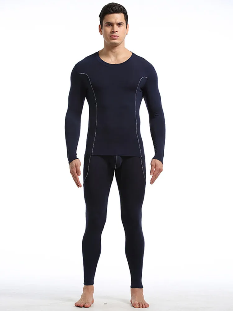 Men's Round Neck Solid Color Bamboo Fiber Thermal Underwear Set
