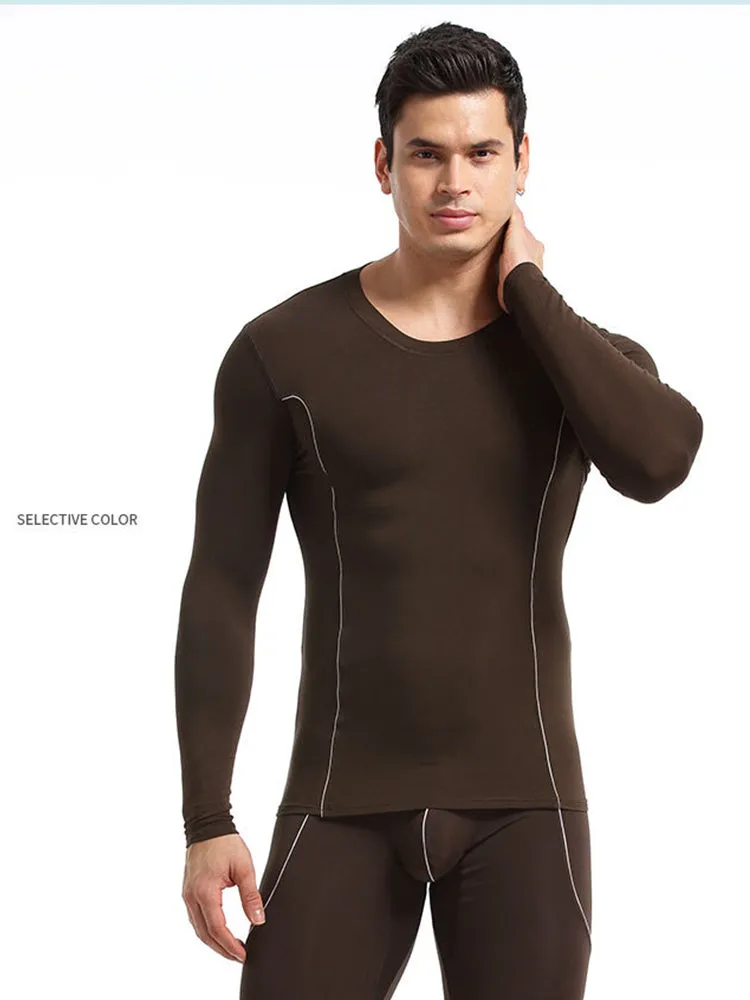 Men's Round Neck Solid Color Bamboo Fiber Thermal Underwear Set