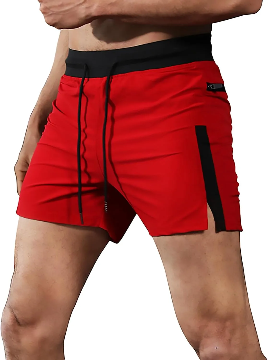 Mens Summer Workout Shorts with Zip Pocket Skinny Stretch Casual Running Shorts Elastic Waist Drawstring Slim Fit Beach Pants
