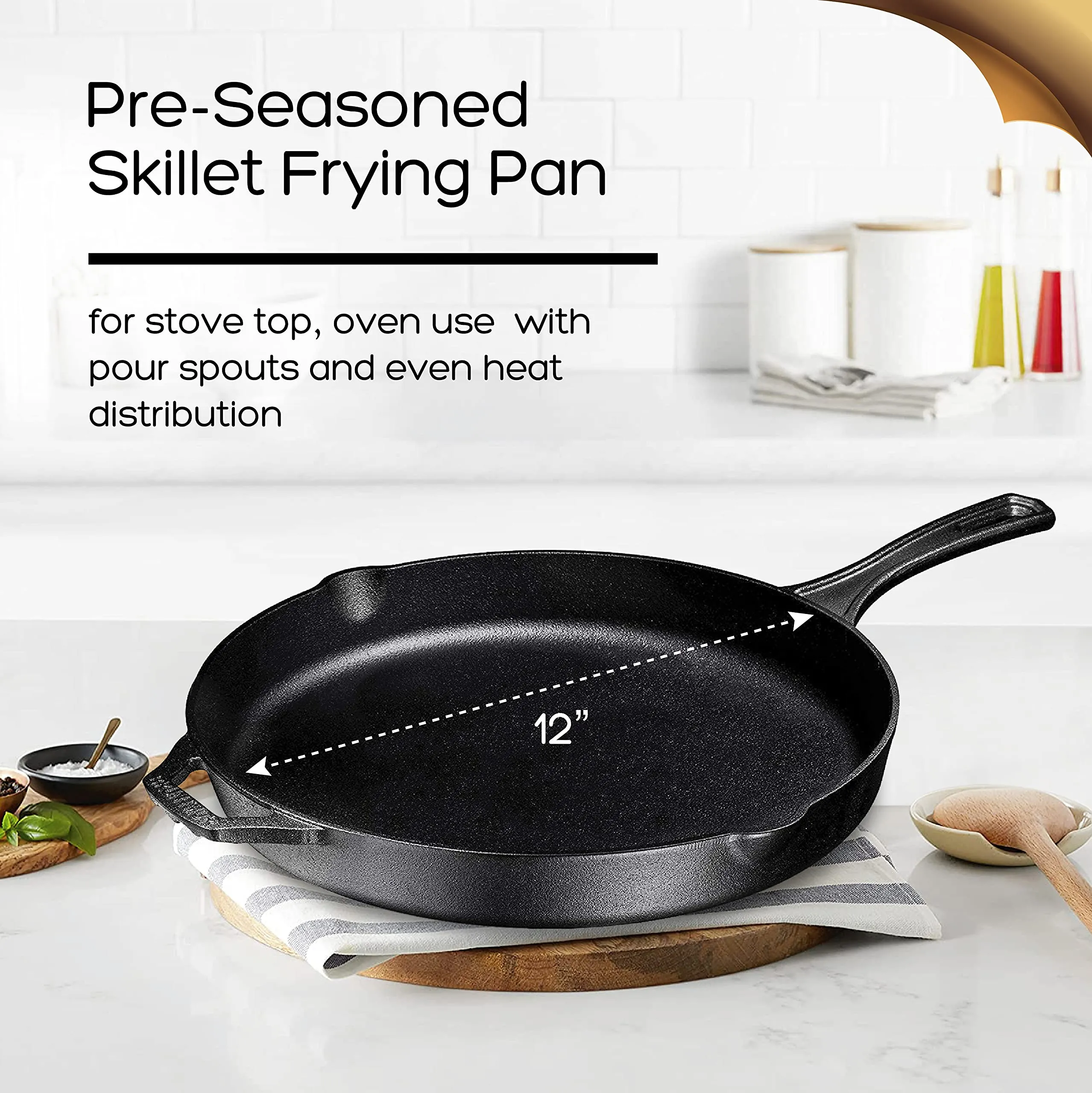 Pre-Seasoned Cast Iron Skillet, Non-Stick,12 inch Frying Pan - Skillet Pan For Stovetop